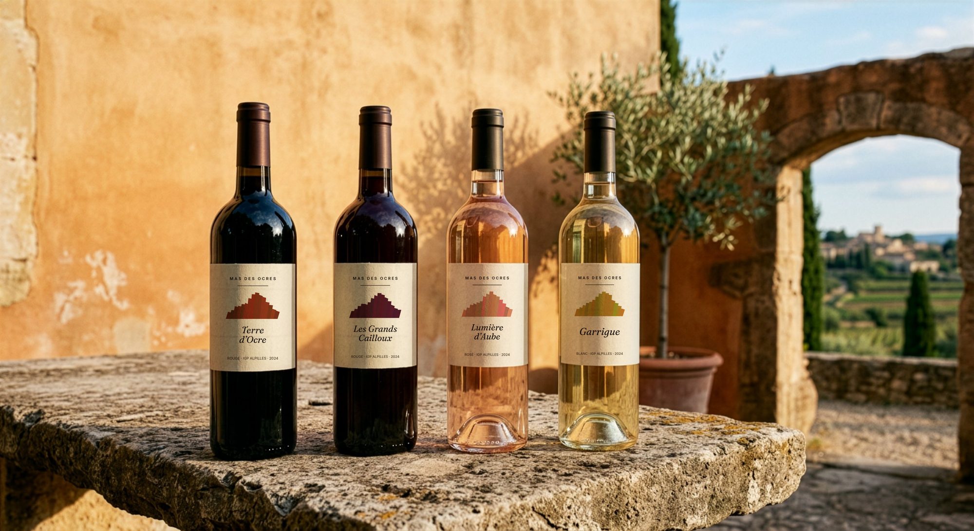 Les quatre bouteilles du domaine alignées sur un muret en pierre