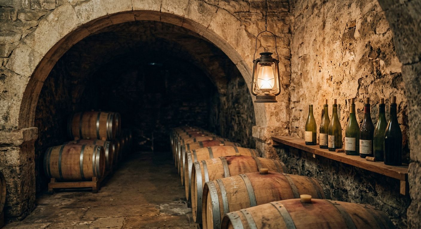 La cave voûtée en pierre et ses fûts de chêne