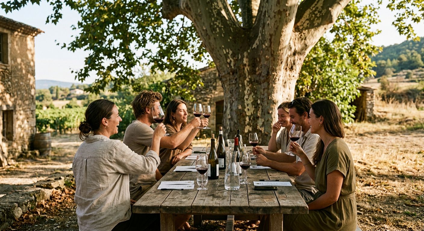 Une table de dégustation sous le platane